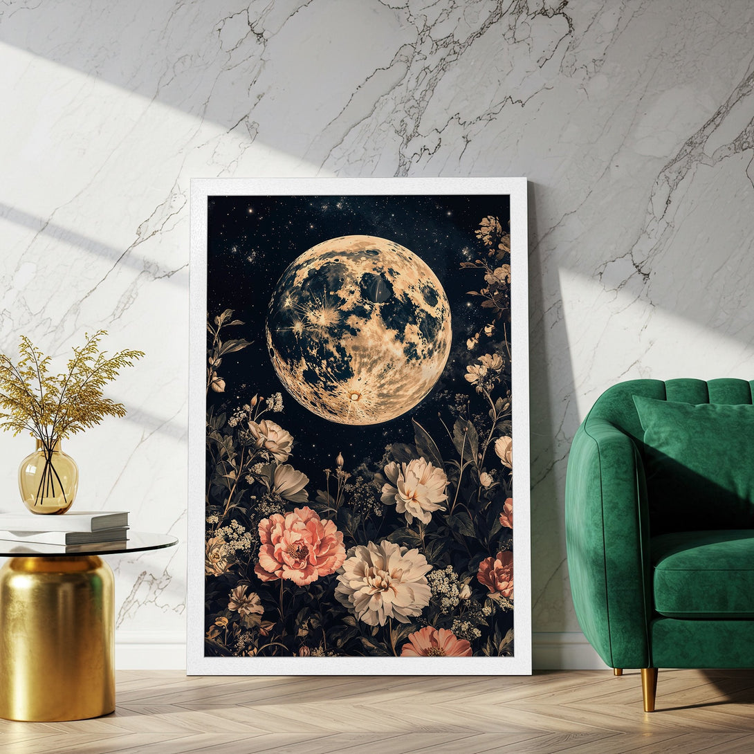Framed Poster featuring a celestial moon and floral design in a vintage style with a dark, moody color palette. Perfect for home decor!