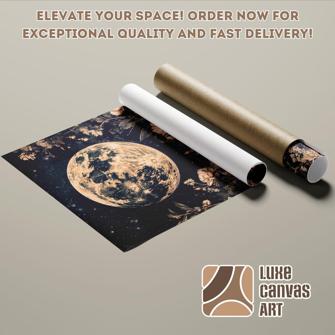 Poster Roll featuring a celestial moon design, dark and gold color palette. Elevate your space with this stunning art!