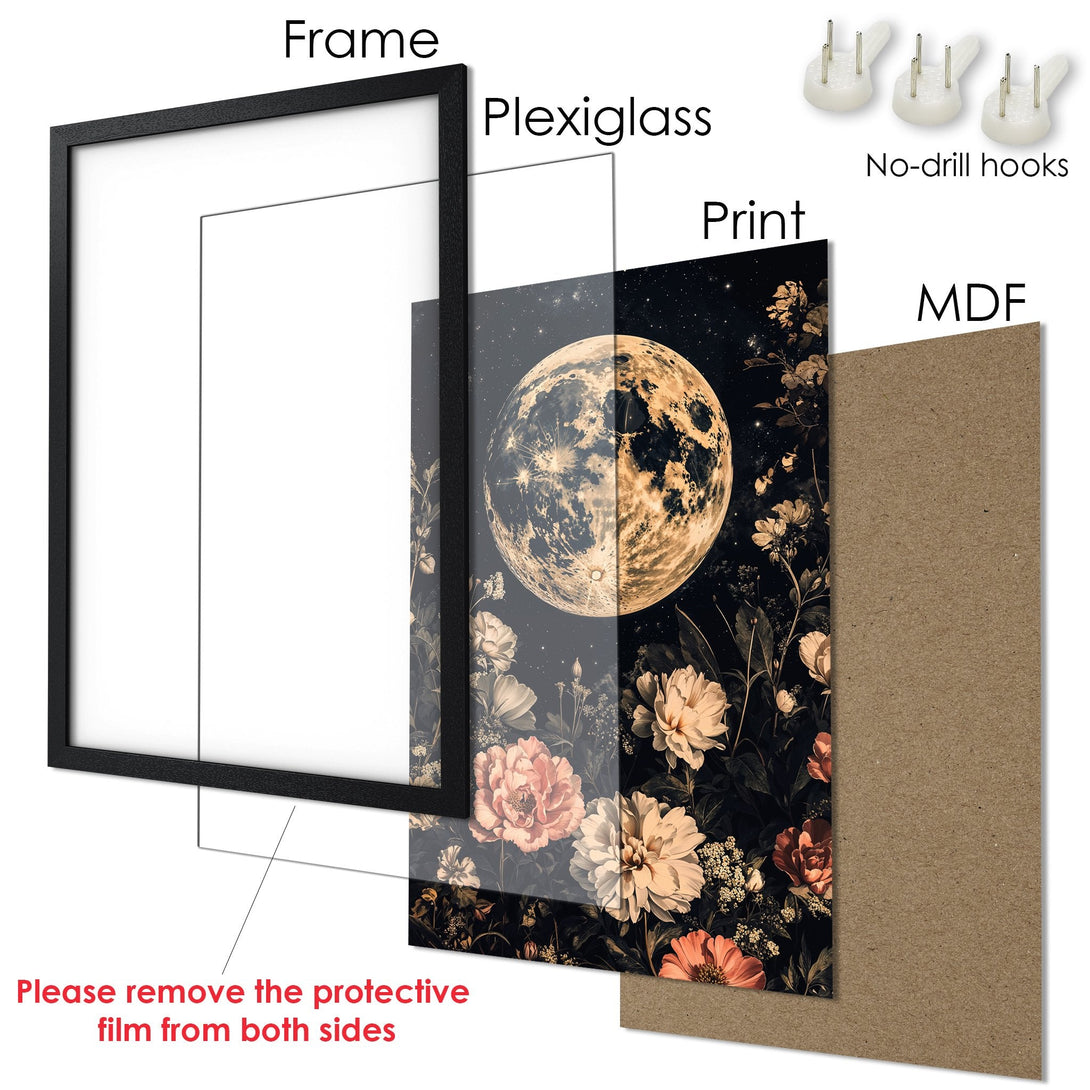 Framed Poster featuring a moon and floral design in a dark, romantic style with a warm color palette. Perfect wall art!