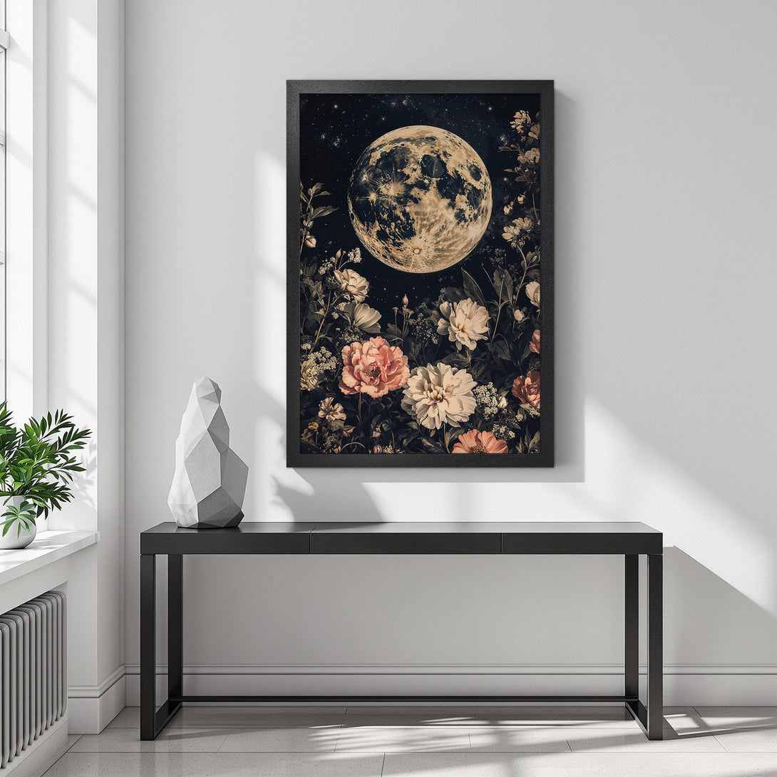 Framed Poster featuring a celestial moon and floral design in a vintage style with a dark, muted color palette. Perfect wall art!