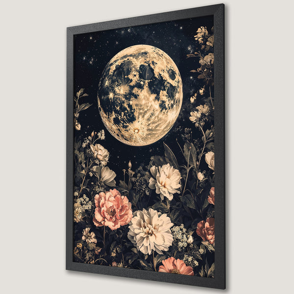 Framed Poster featuring a moonlit floral scene in a vintage style with a dark, moody color palette.