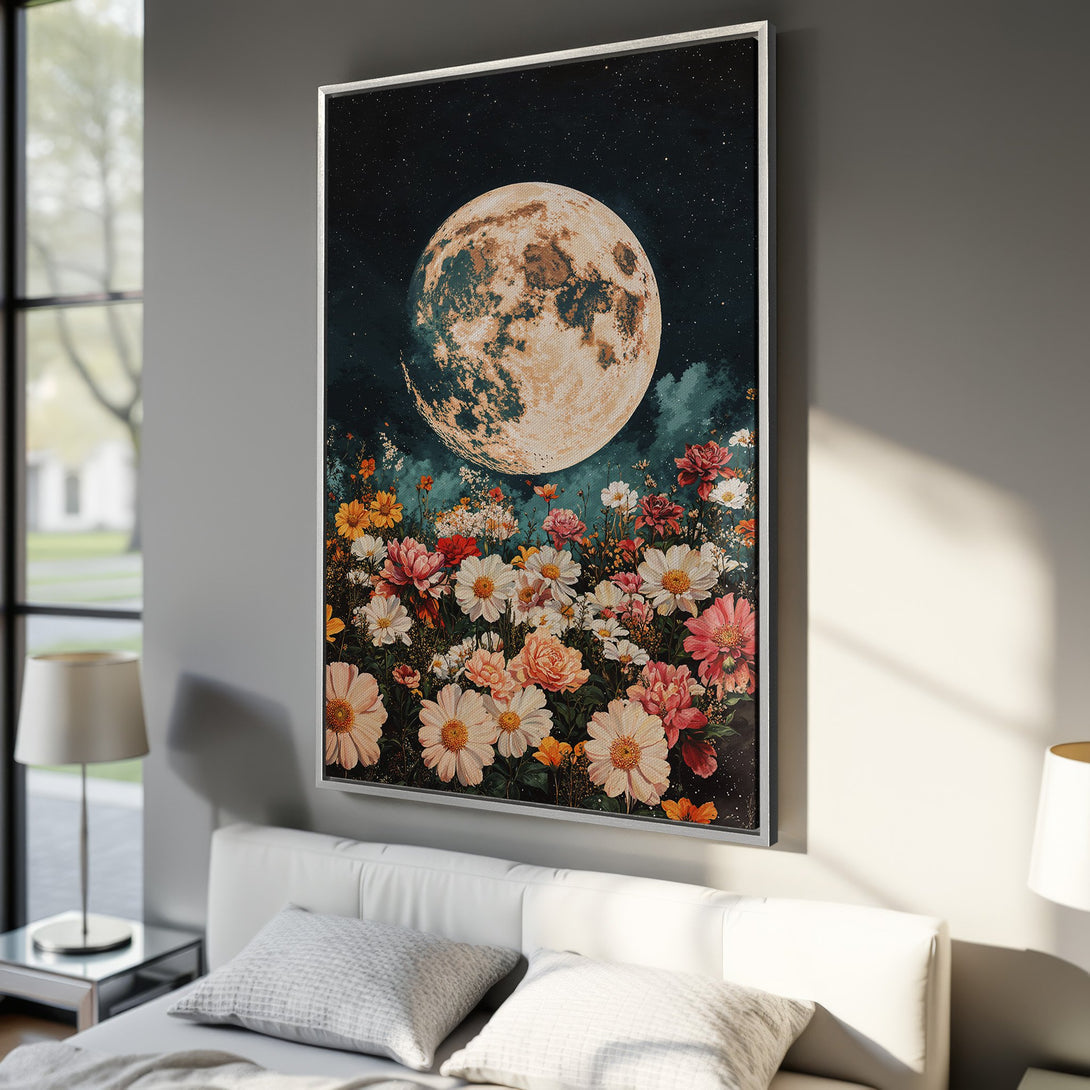 Framed Wall Art: Moon and floral canvas print in a bedroom. Features a vintage style, dark teal and warm color palette. Perfect bedroom decor!