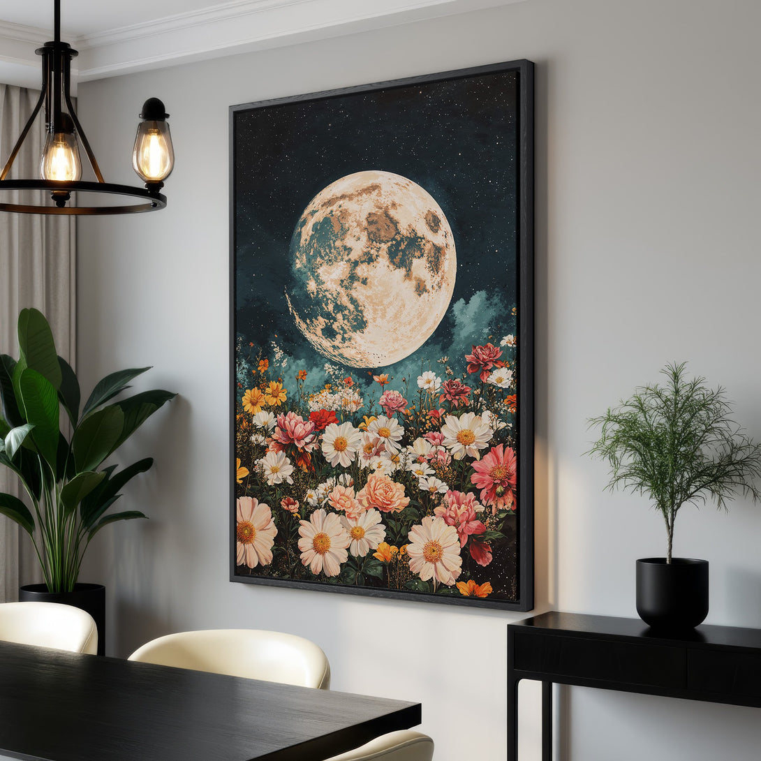 Framed Wall Art featuring a whimsical moon and floral scene in a dreamy, vintage style. Soft pastel and dark teal color palette, perfect for any space.