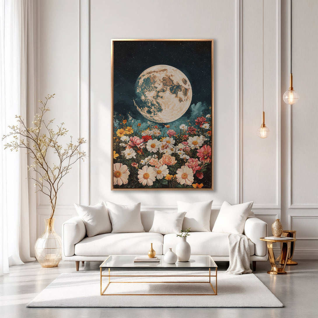 Framed Wall Art: Moonlit floral scene in a modern interior. Features a gold frame, dark blue/green sky, and soft pastel colors. Perfect for home decor.