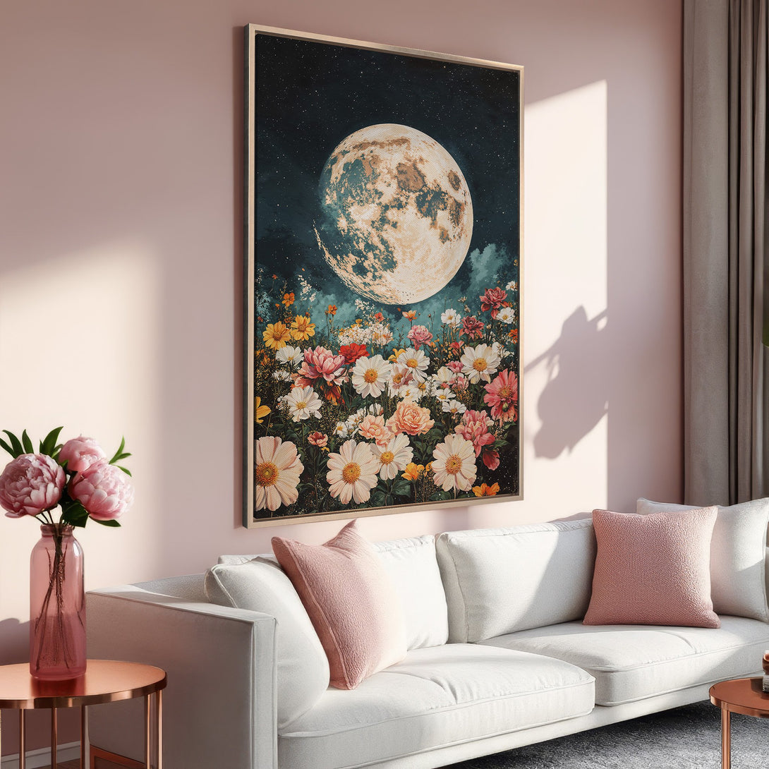 Framed Wall Art: Moon and floral print in a modern interior. Soft pink and white color palette creates a calming aesthetic. Perfect for living rooms!