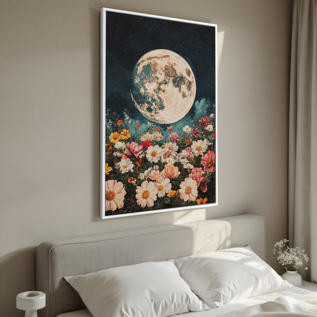 Framed Wall Art: Moonlit floral scene in a bedroom. Whimsical art with a dark teal, beige, and warm floral color palette. Perfect for a cozy space.