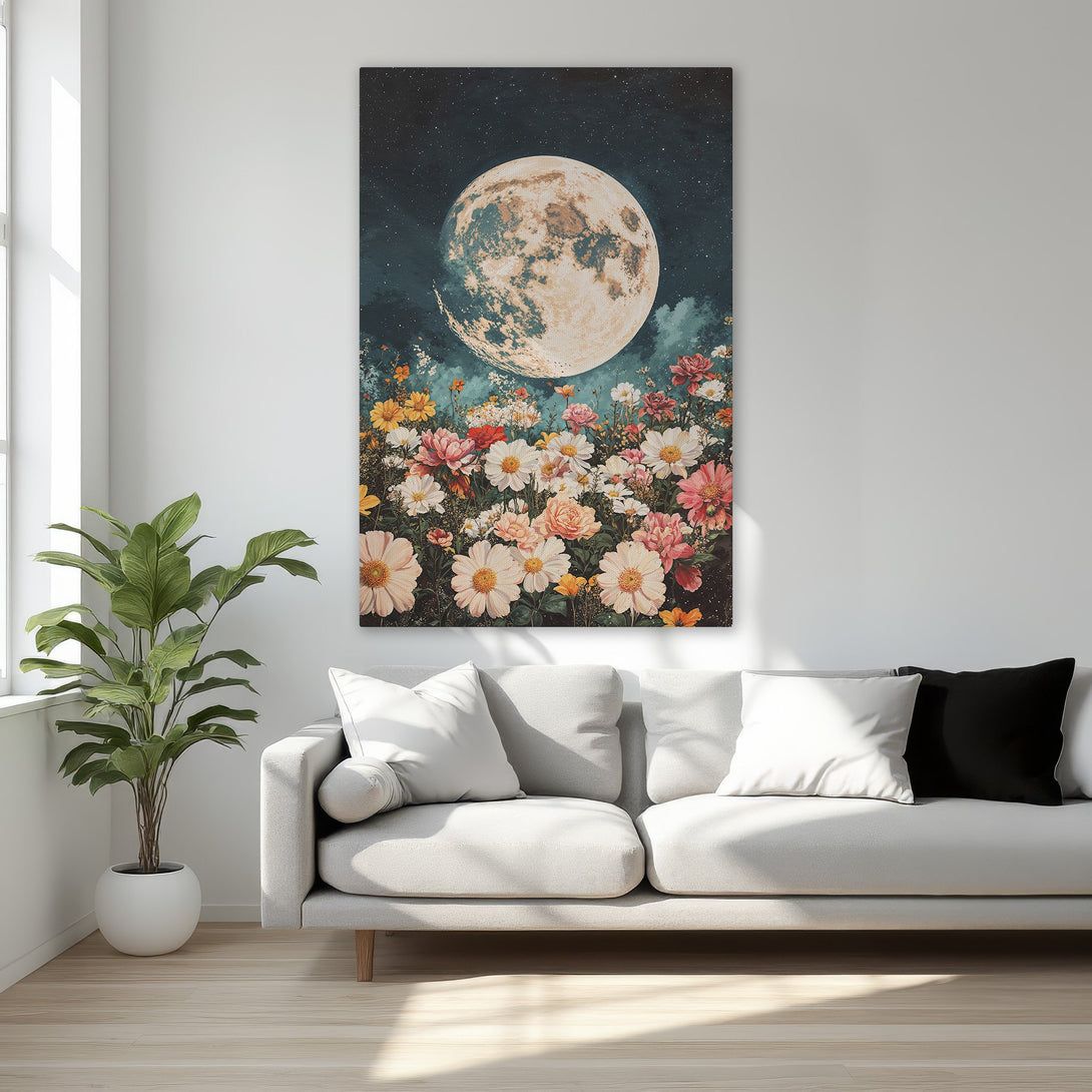 Framed Wall Art featuring a moon and floral scene. Romantic, whimsical style with a warm, inviting color palette. Perfect bedroom decor.