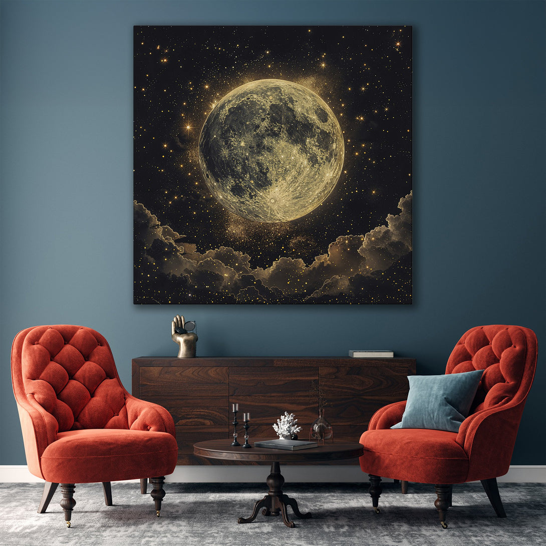 Framed Wall Art featuring a celestial moon and stars, displayed in a modern interior. Warm gold and black color palette. Perfect for home decor.