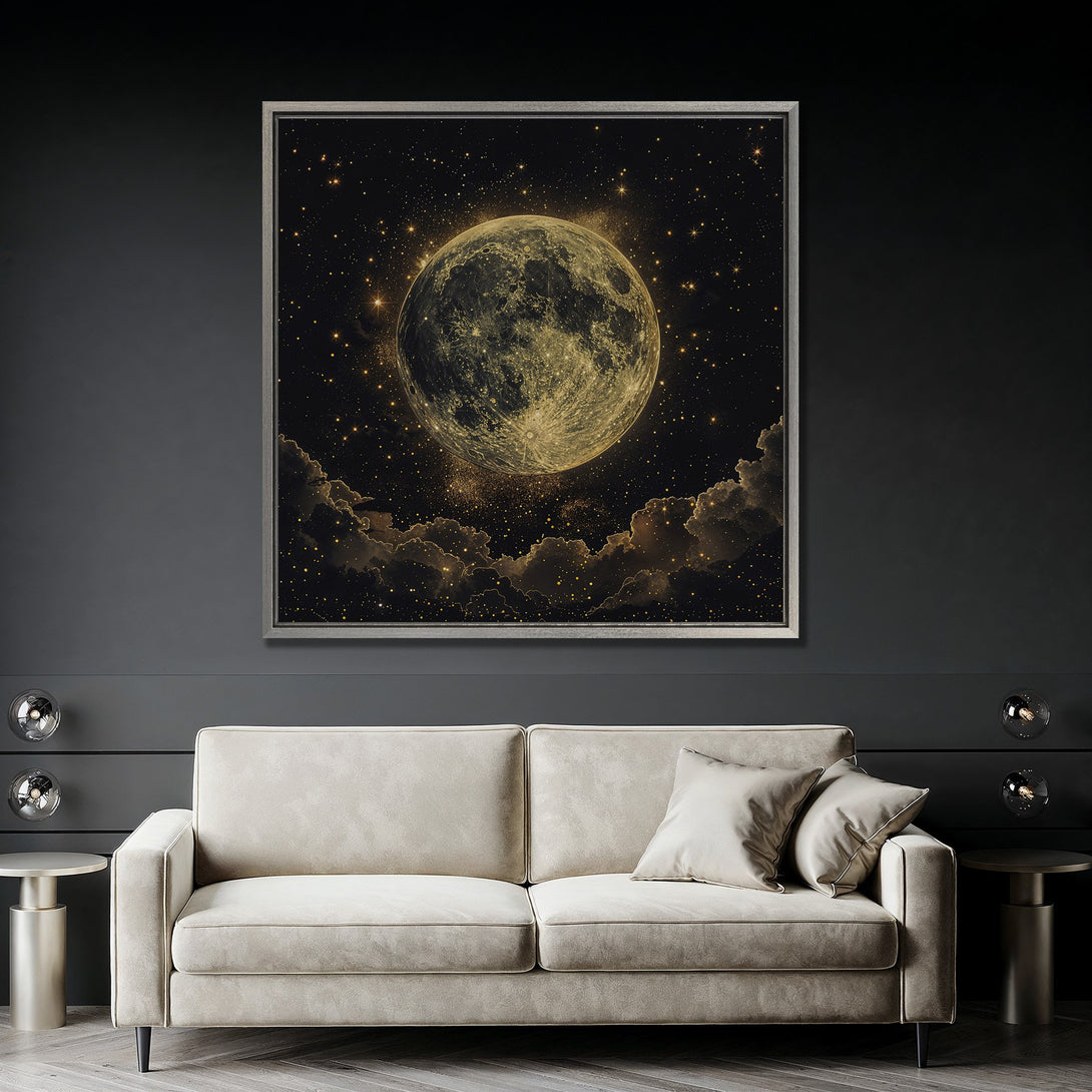 Framed Wall Art: Celestial moon canvas print in a dark, moody interior. Gold and black color palette, perfect for adding a touch of cosmic elegance to your home.