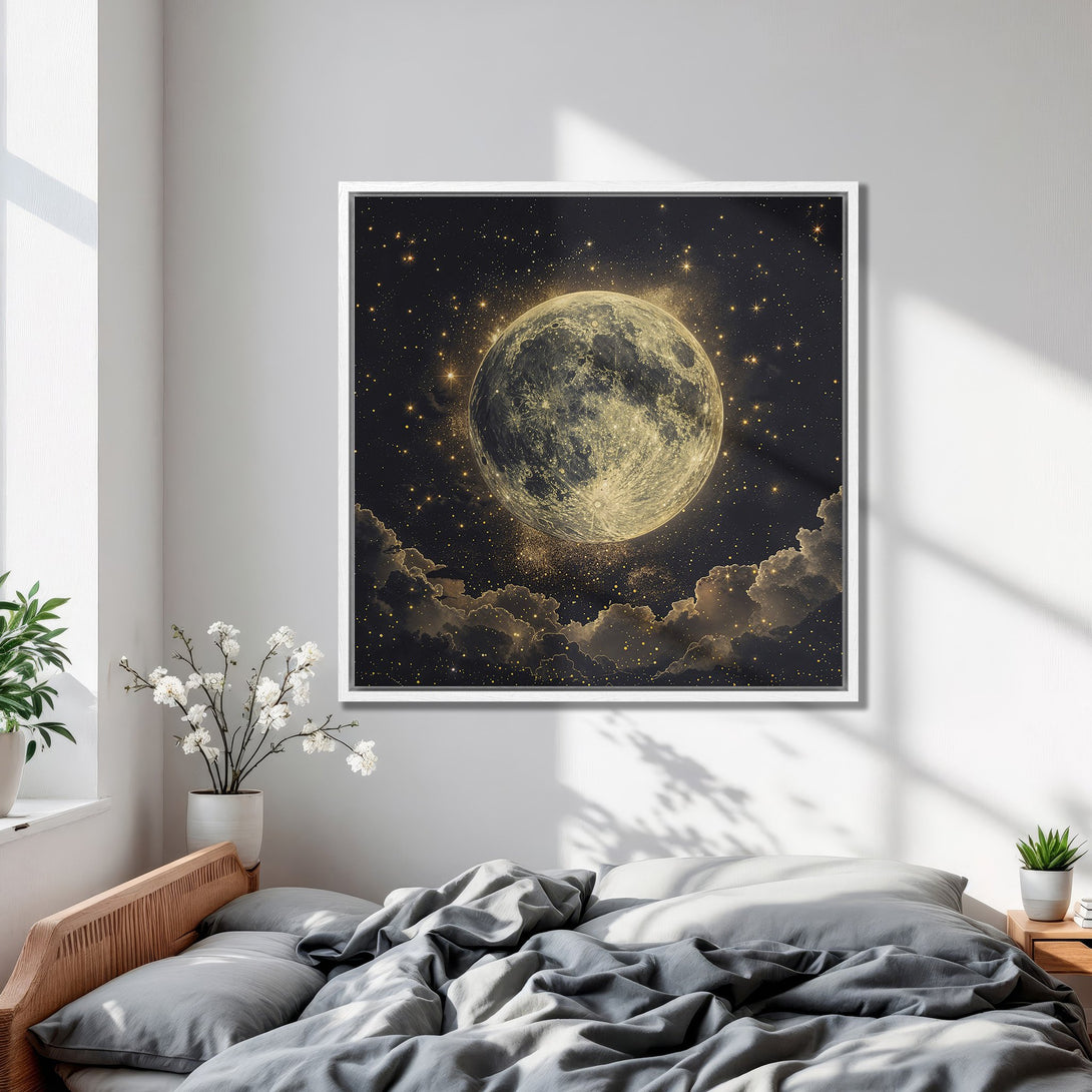 Framed Wall Art featuring a celestial moon and stars in a bedroom. Dark, dreamy art with gold and black color palette. Perfect for a bedroom or living room.