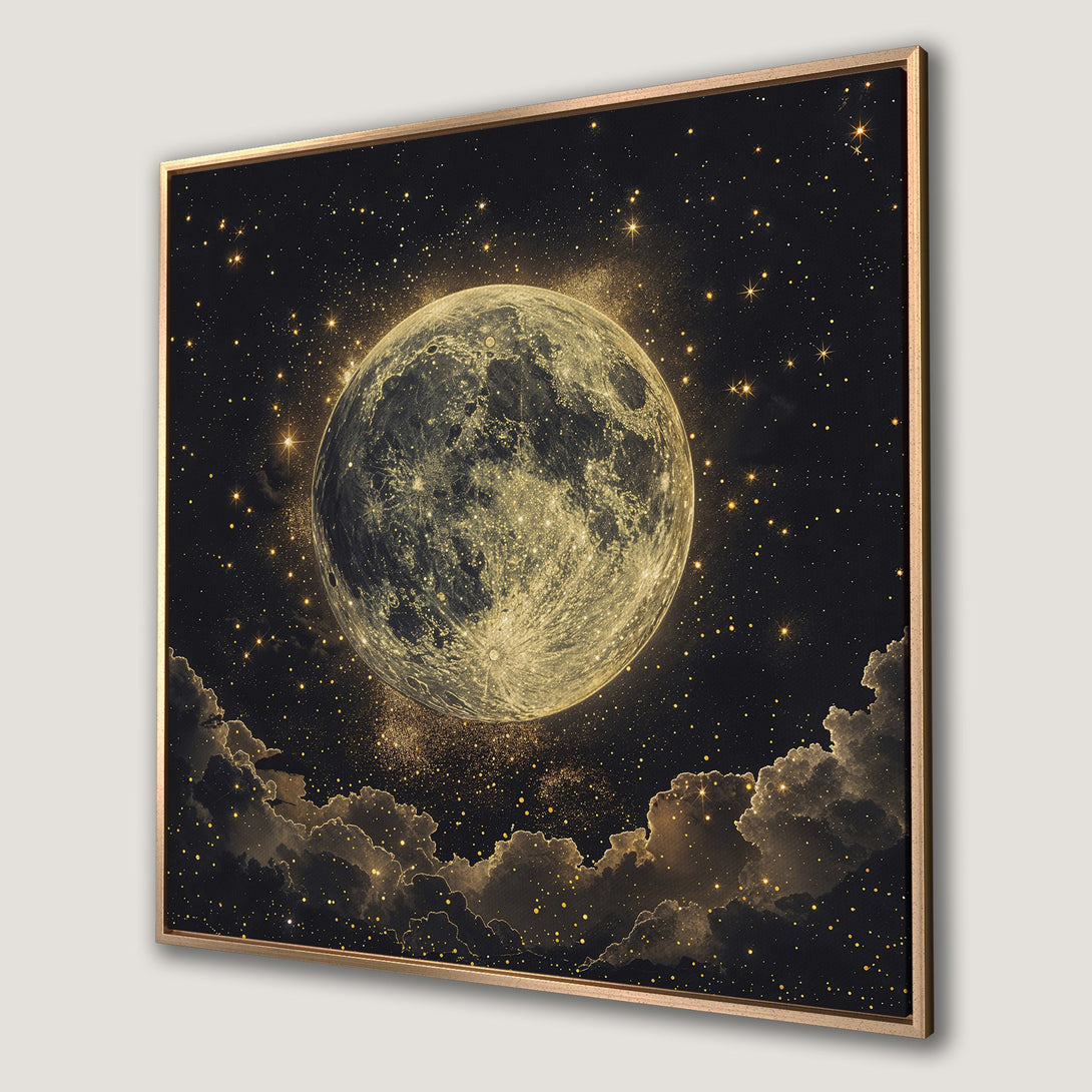 Framed Wall Art: Stunning celestial moon print in gold and black. Add a touch of cosmic elegance to your space with this captivating canvas art.