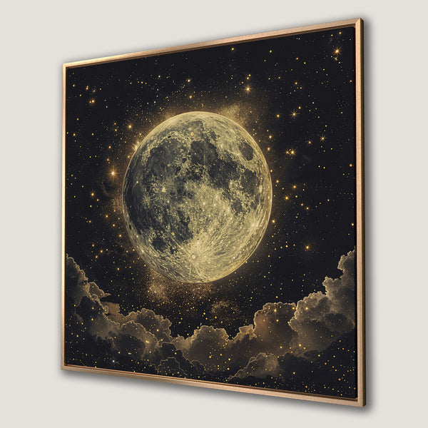 Framed Wall Art: Stunning celestial moon print in gold and black. Add a touch of cosmic elegance to your space with this captivating canvas art.