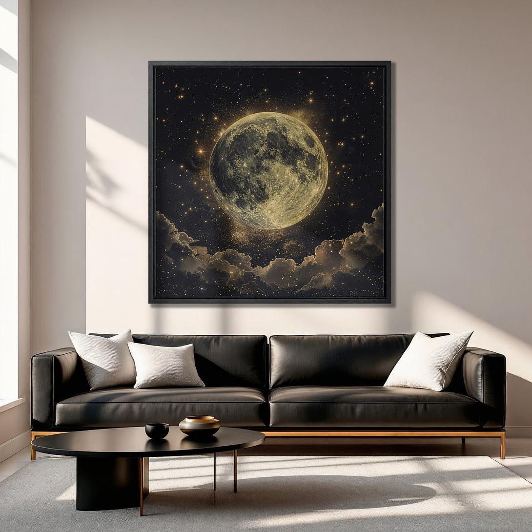 Framed Wall Art: Stunning moon and stars canvas print in a modern interior. Features a celestial design with a black and gold color palette, perfect for any space.
