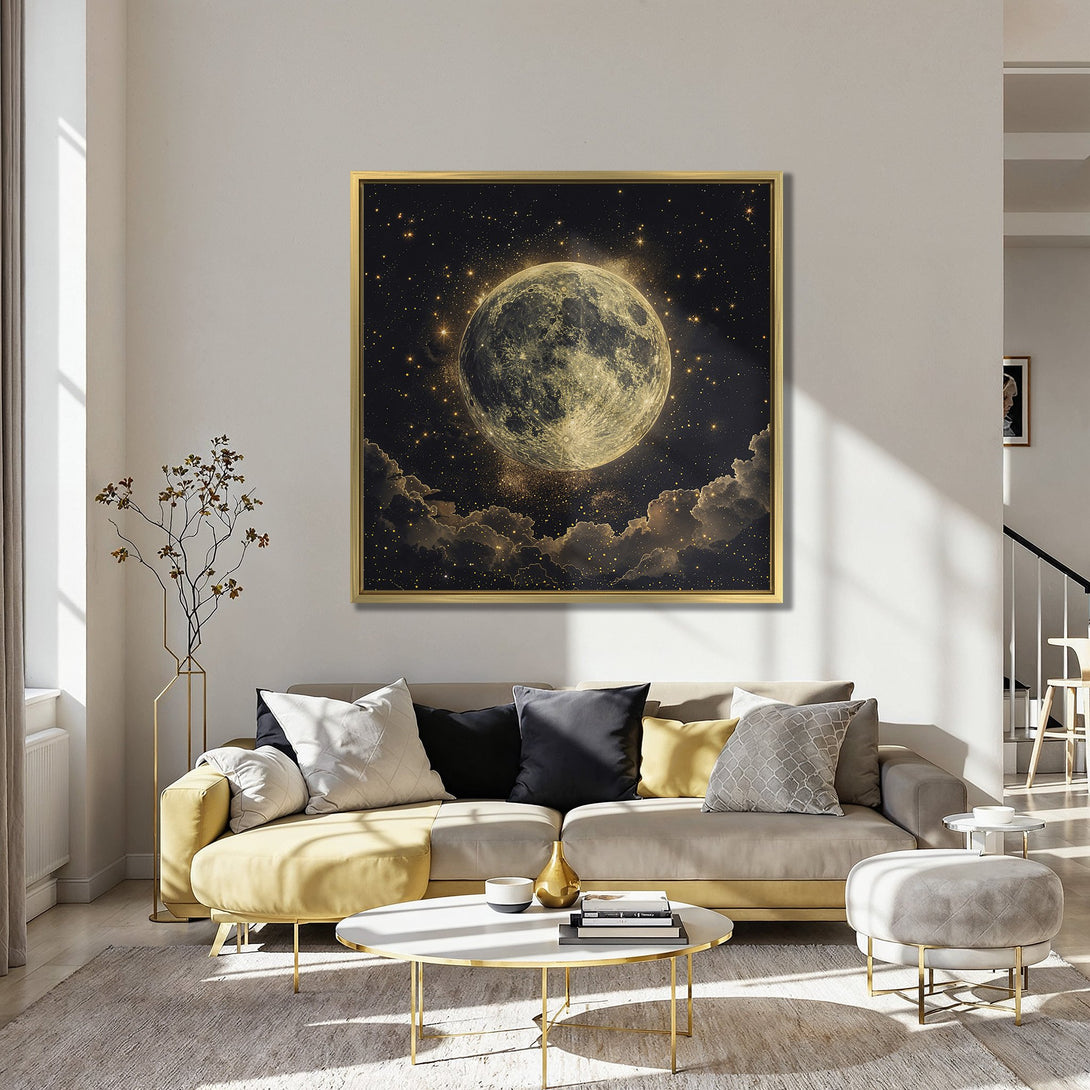 Canvas Print of a celestial moon and stars, dark and gold color palette, displayed in a stylish interior. Perfect wall art for any room.