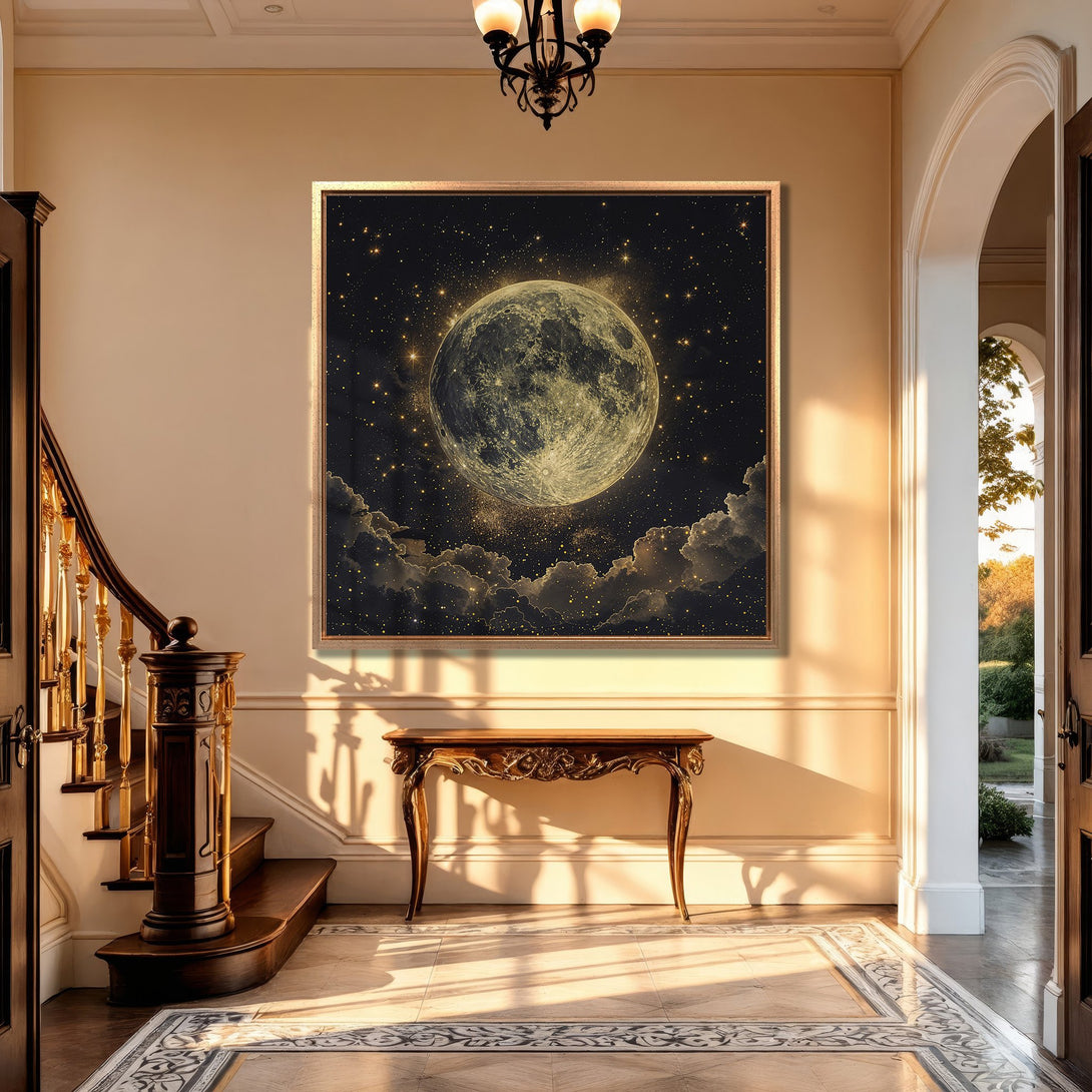 Framed Wall Art featuring a celestial moon & stars design. Elegant gold and black color palette. Perfect for adding a touch of luxury to your home decor.