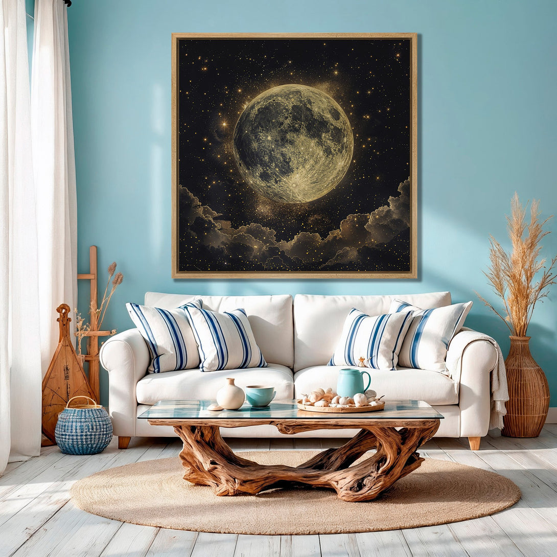 Framed Wall Art featuring a celestial moon design in gold and black. Adds a touch of cosmic elegance to any space. Perfect for modern decor.