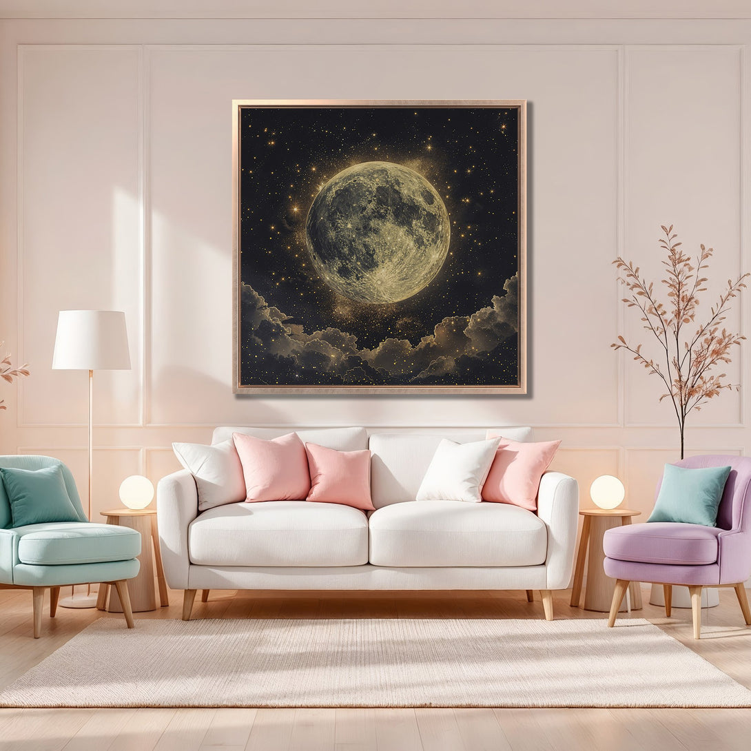 Framed Wall Art: Celestial moon canvas print in a modern interior. Black, gold, and cream color palette. Perfect for adding a touch of magic to your space.