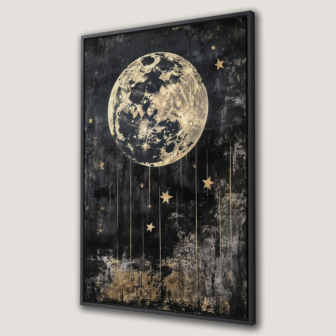 Framed Wall Art featuring a textured moon and stars in a dark, moody style. Gold and black color palette. Perfect for adding celestial elegance to your home!