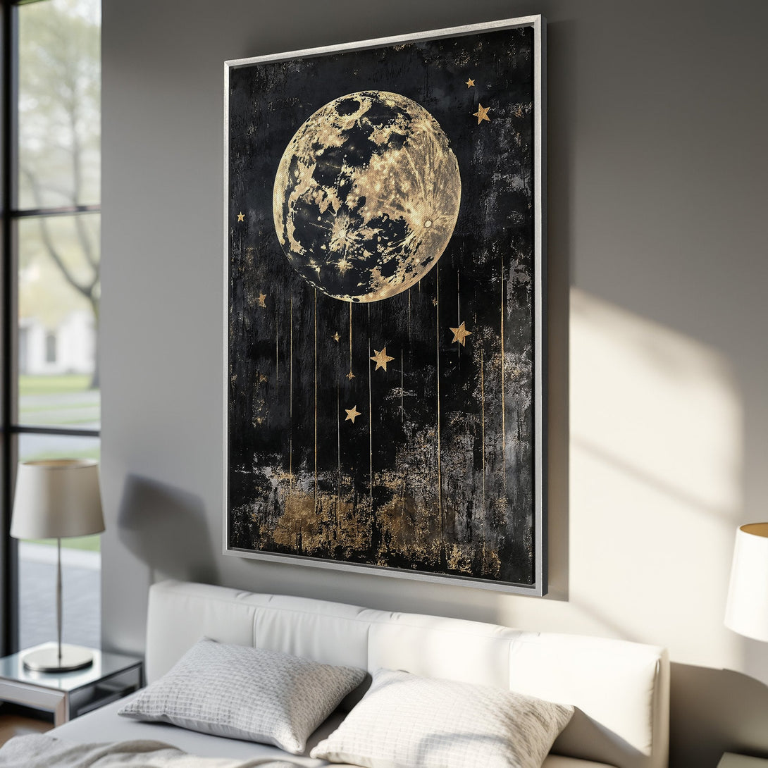 Framed Wall Art featuring a celestial moon and stars in a dark, textured style with gold accents. Perfect for adding a touch of elegance to your space.