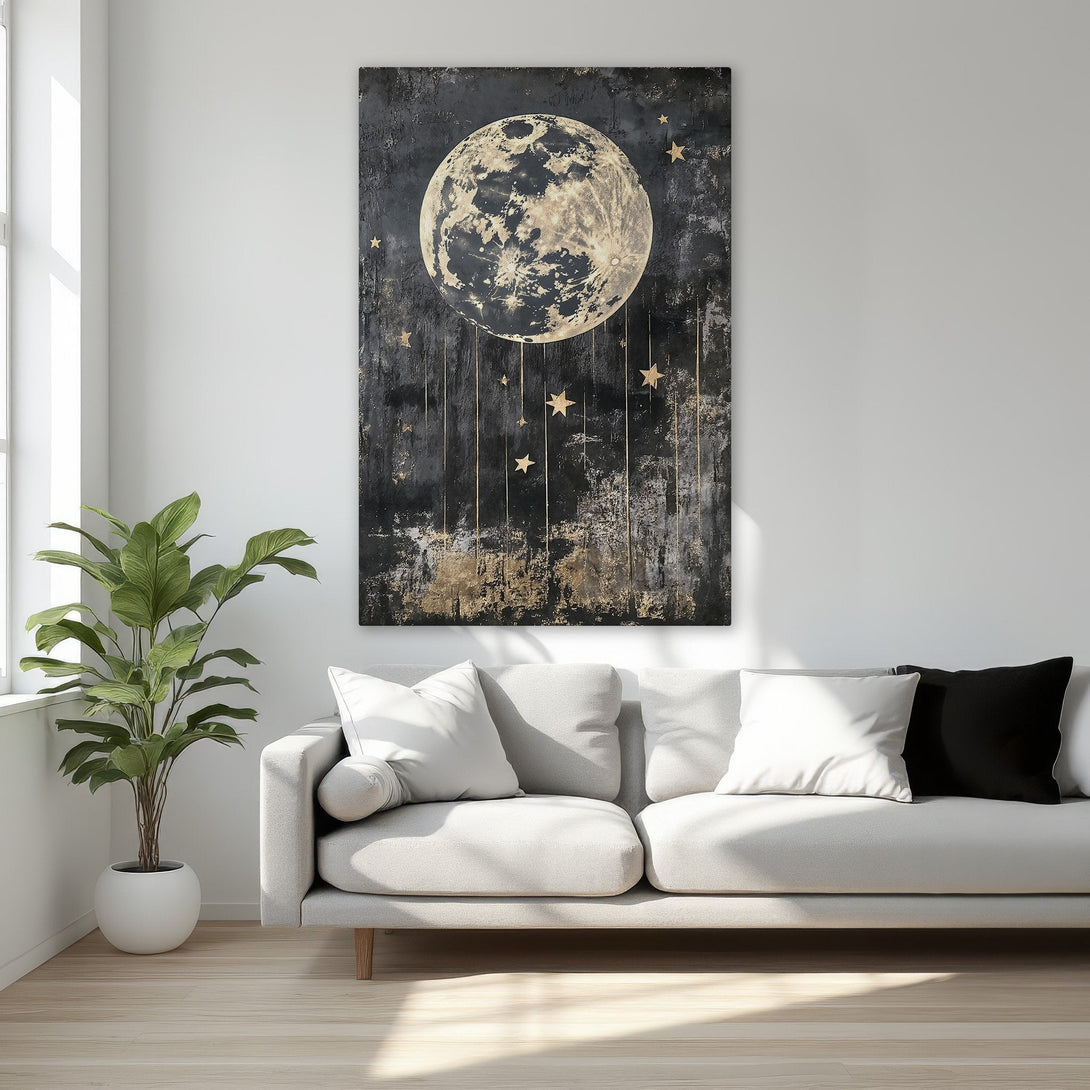 Framed Wall Art: Stunning moon and stars canvas print in black and gold. Adds a touch of celestial elegance to any bedroom or living space. Shop now!