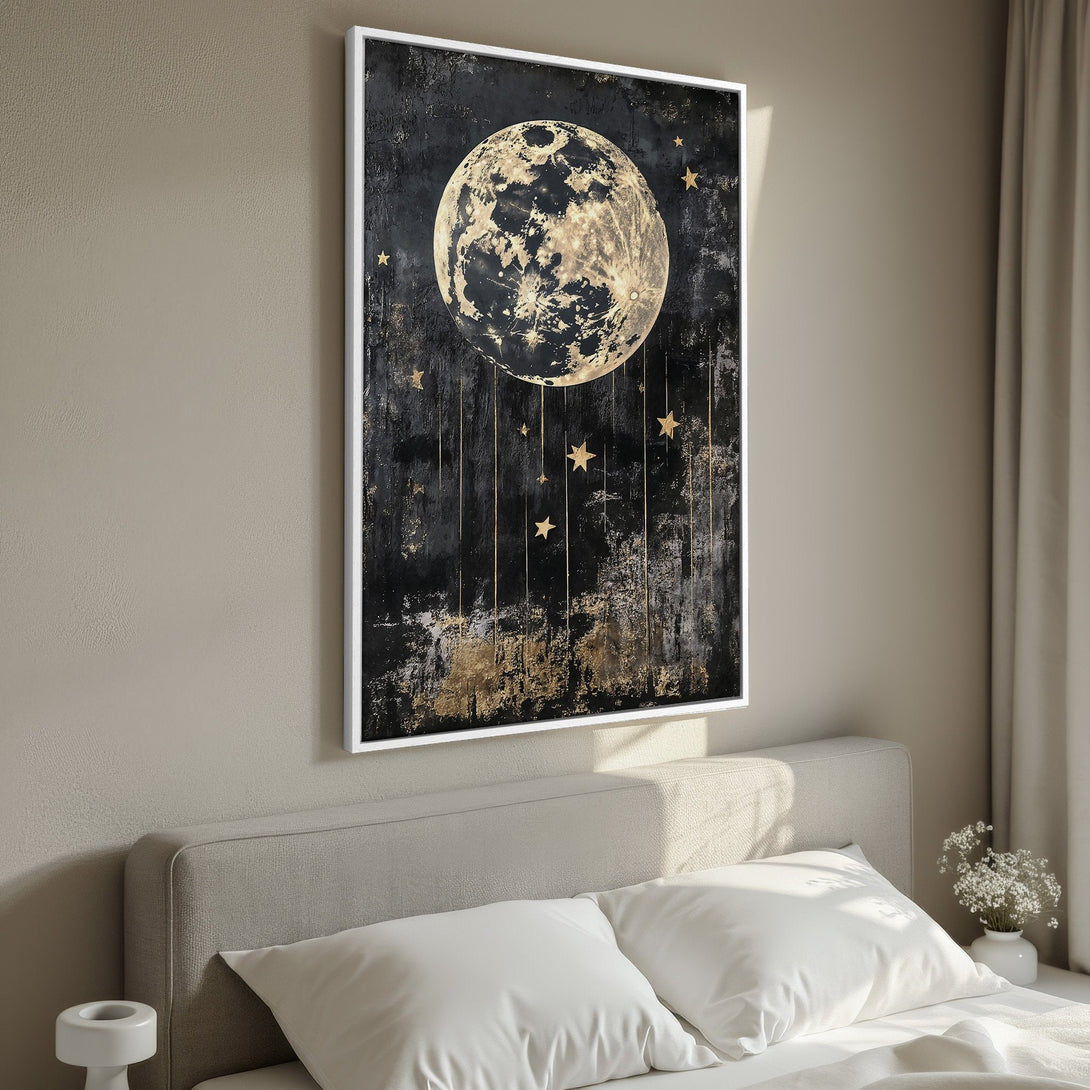 Framed Wall Art: Abstract moon and stars canvas print in black, gold, and beige. Modern art for bedroom decor.