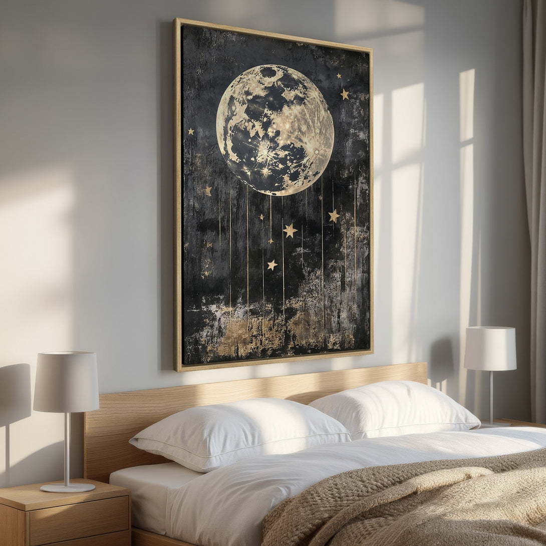 Framed Wall Art: Moon and stars canvas print in a bedroom. Dark, textured art with gold accents. Perfect for modern, celestial decor.