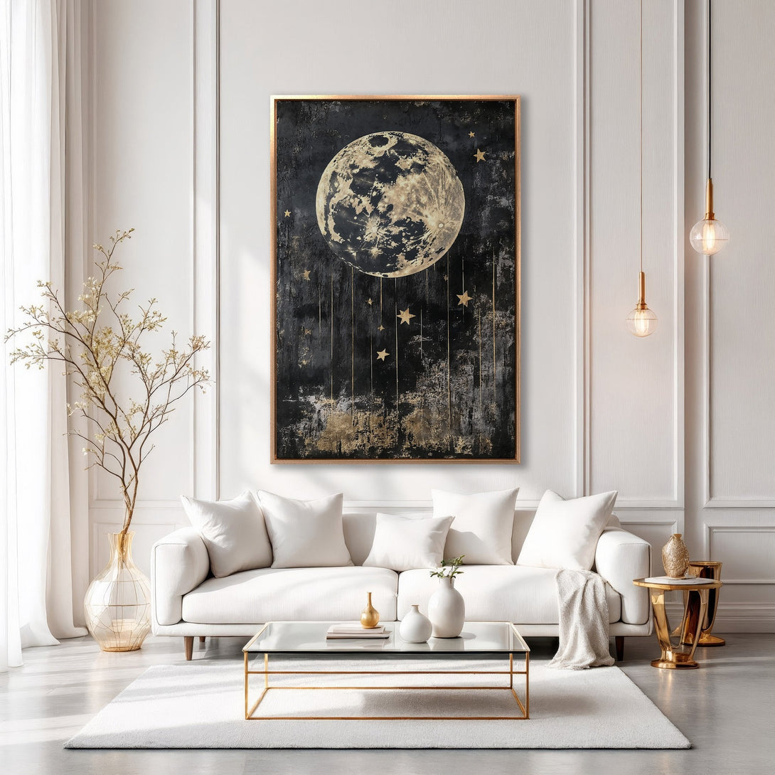 Framed Wall Art: Abstract moon and stars in gold and black, displayed in a modern living room. Elevate your space with this stunning canvas print!