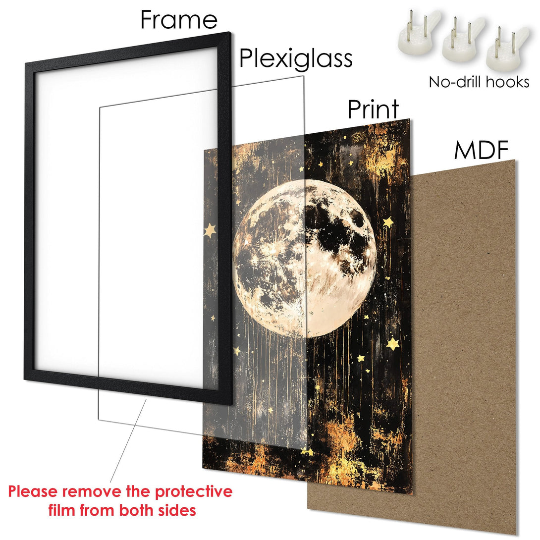 Framed Poster featuring a celestial moon art print. Dark, moody style with gold and black color palette. Ready to hang.