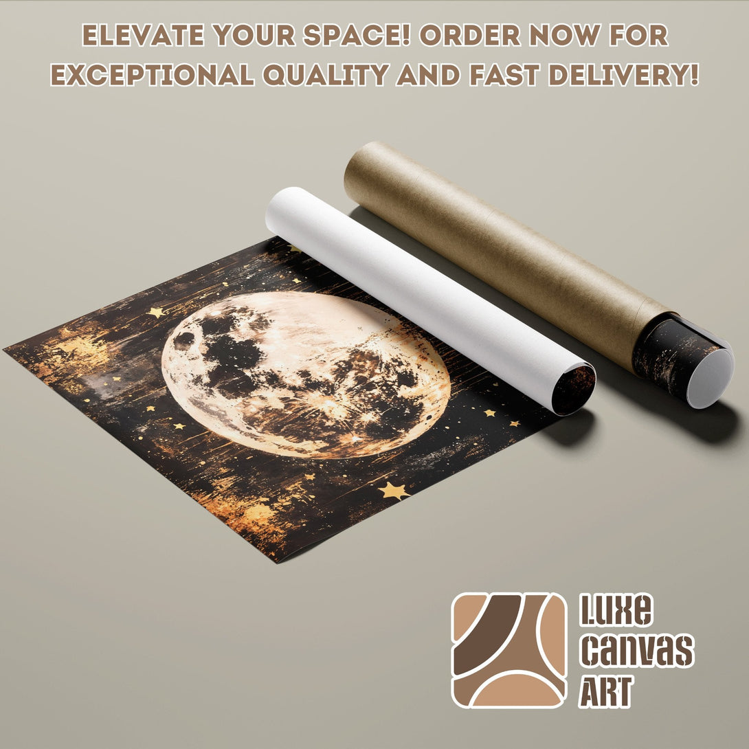 Moon Poster Roll, celestial art print with gold and black color palette, ready to elevate your space!