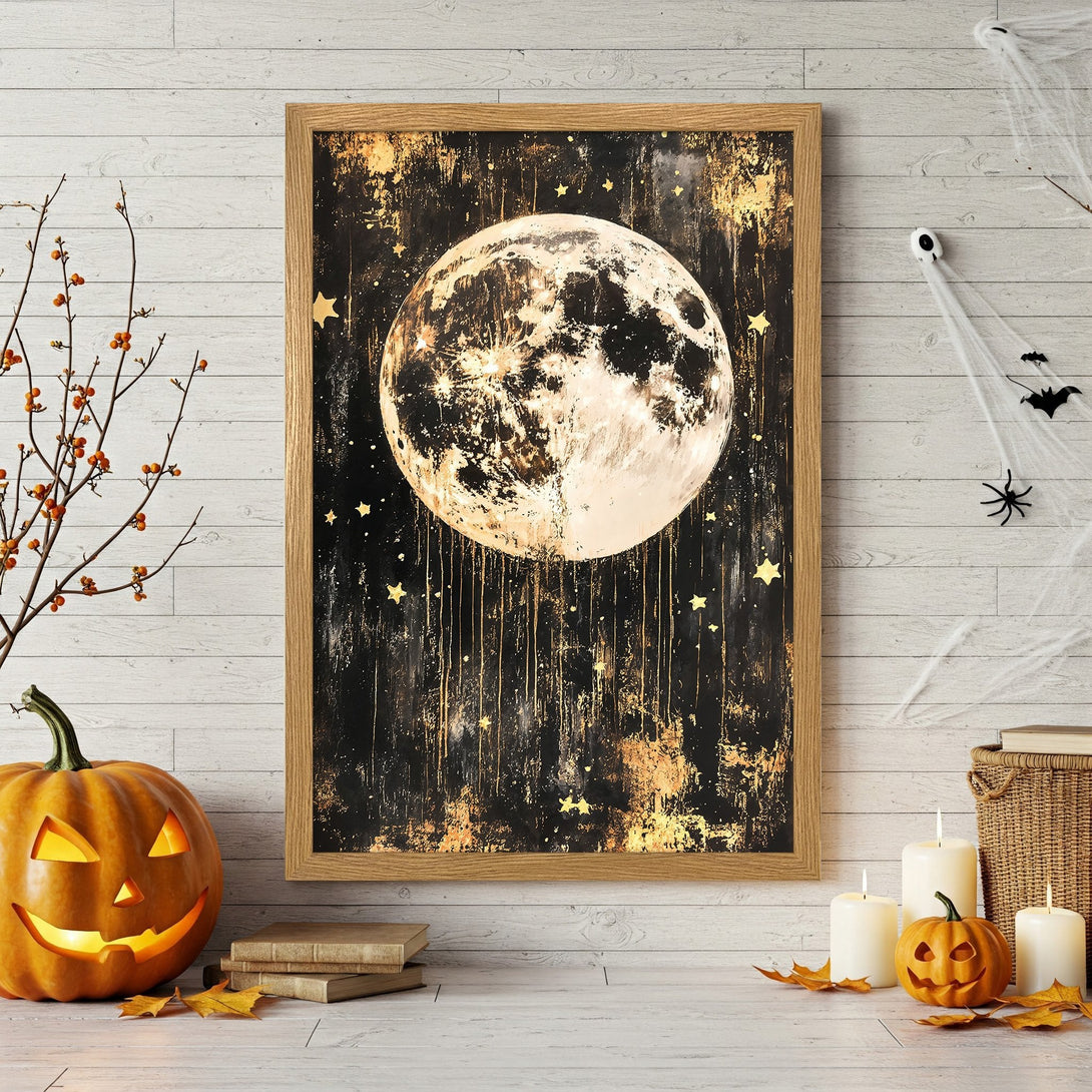 Framed Poster featuring a mystical moon illustration in black & gold. Perfect Halloween decor!