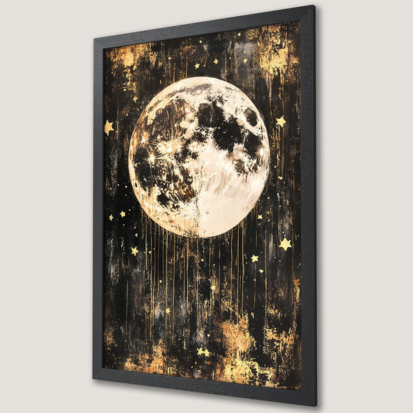 Framed Poster featuring a celestial moon and stars. Abstract art with black, gold, and white color palette. Perfect wall decor.