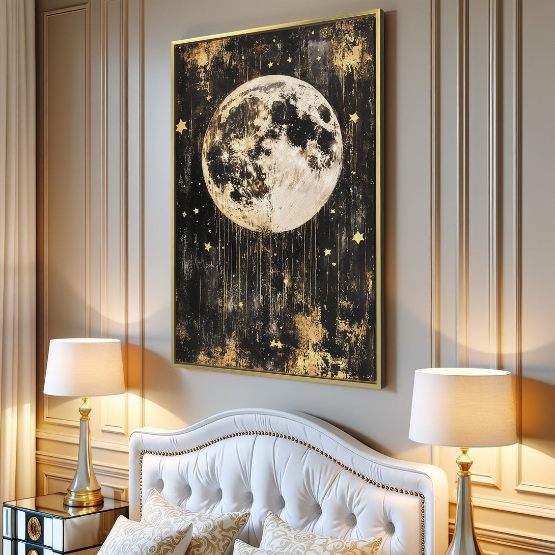 Canvas Print featuring a celestial moon and stars in a modern, abstract style with a black and gold color palette. Perfect wall art for any room!