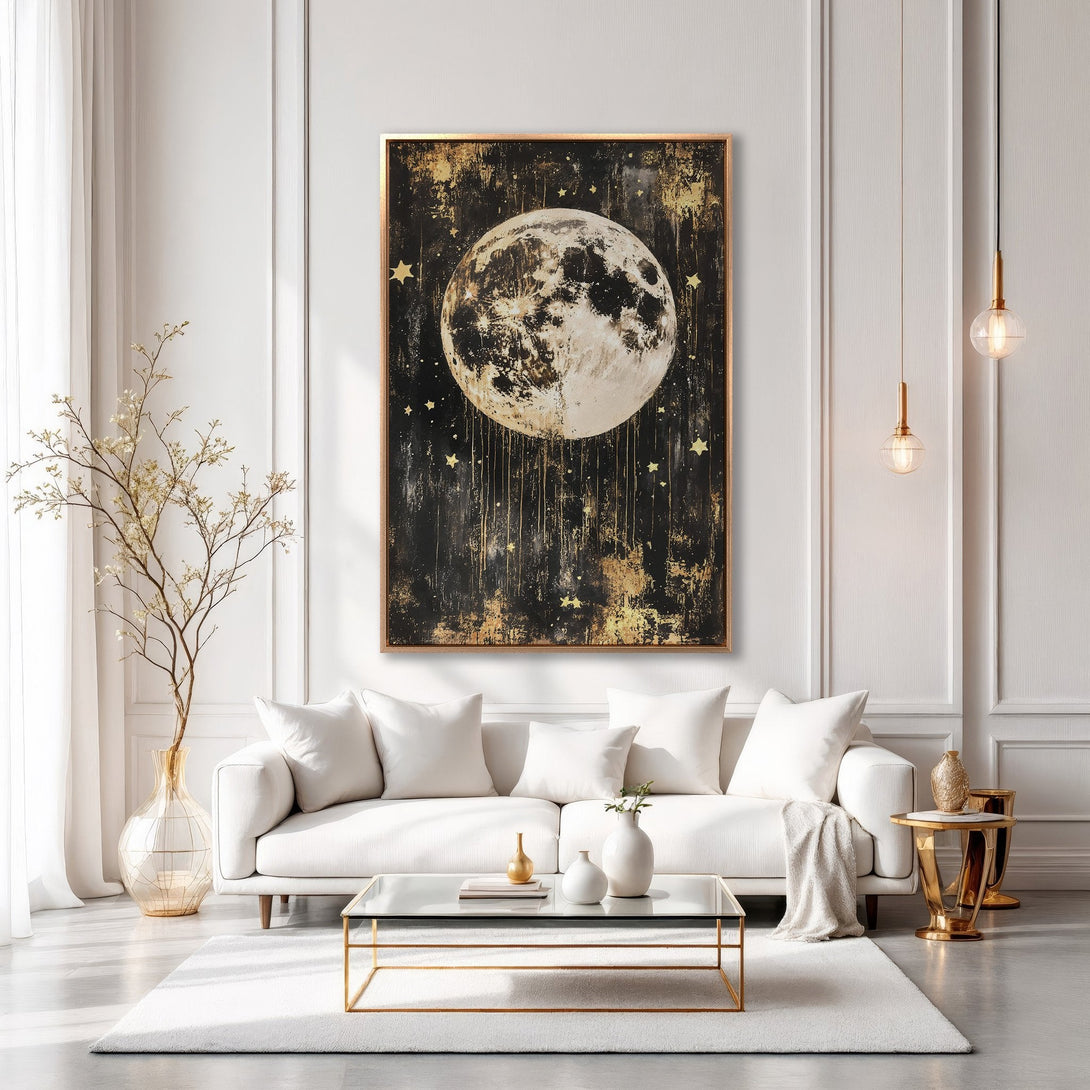 Framed Wall Art: Stunning moon and stars canvas print in gold and black. Perfect for modern living room decor. Shop now for celestial art!