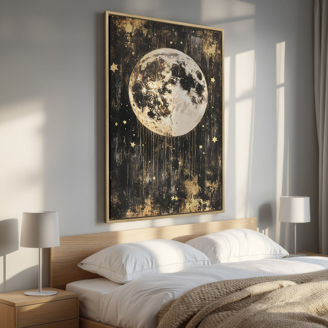 Framed Wall Art featuring a celestial moon and stars in a dark, gold, and black palette. Perfect bedroom decor, adds a touch of cosmic elegance.