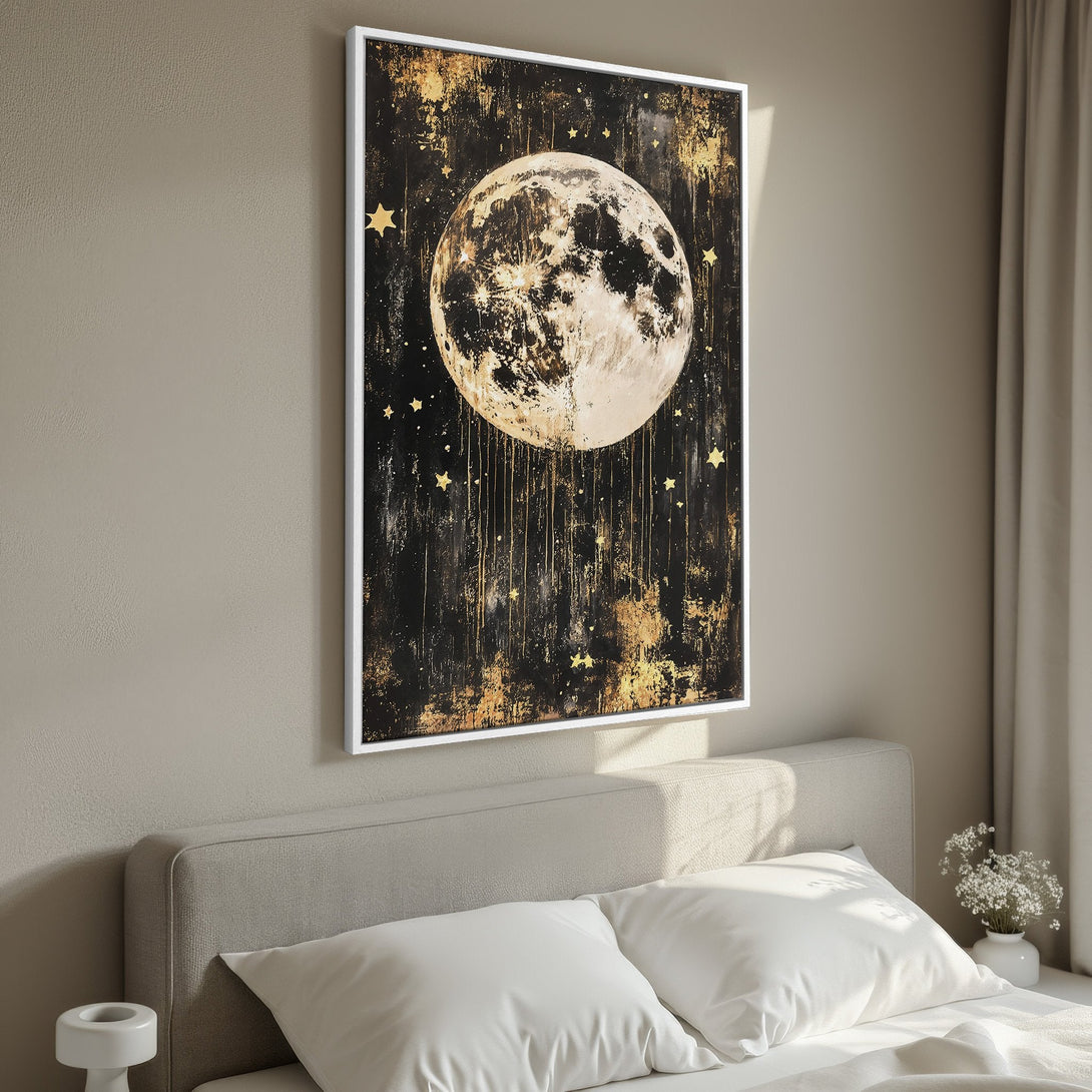 Framed Wall Art: Abstract moon and stars in black, gold, and beige. Modern celestial art for bedroom decor.