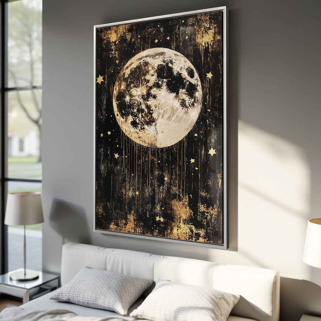 Framed Wall Art featuring a celestial moon and stars in a gold and black abstract style, perfect for bedroom decor.