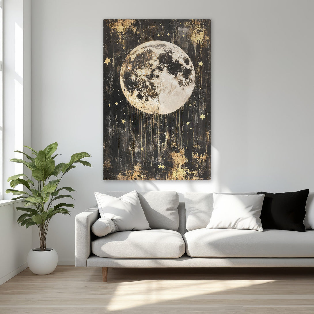 Framed Wall Art featuring a celestial moon and stars in a dramatic black and gold color palette. Elevate your space with this stunning canvas print!