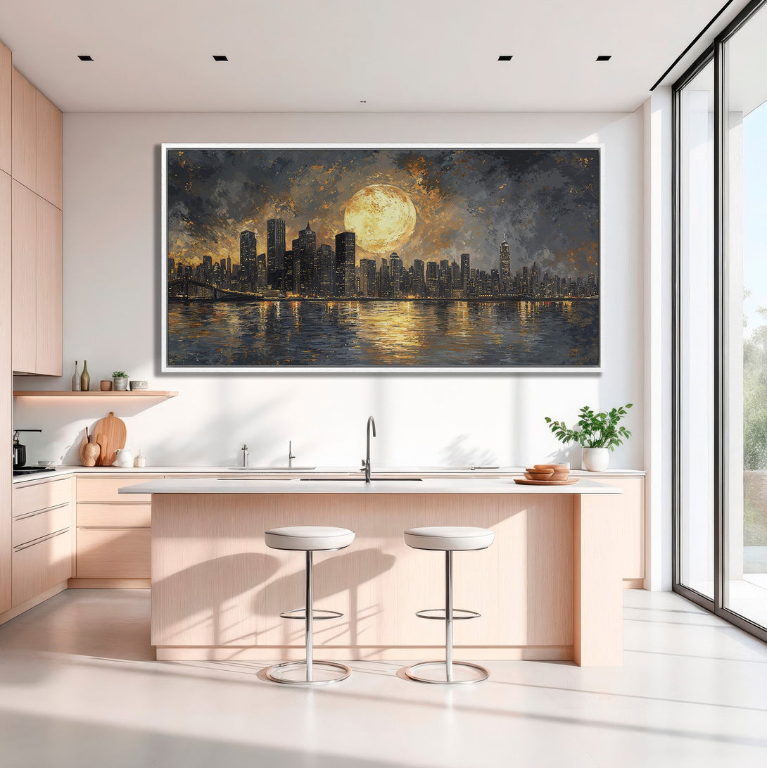 Framed Wall Art: Modern cityscape Canvas Print in warm gold and gray tones. Perfect for adding artistic flair to any space.