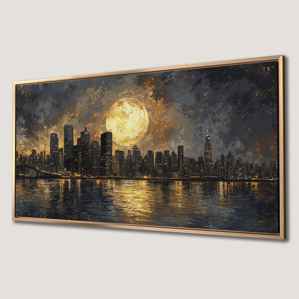 Framed Wall Art: Stunning cityscape canvas print with a dramatic, painterly style. Features a glowing moon, dark blues, and warm gold accents.