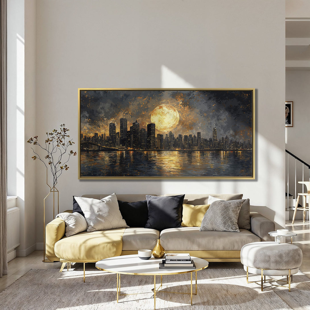 Canvas Print of a cityscape at night, with a dramatic moon, in a moody, painterly style with gold and dark blue tones. Perfect wall decor!