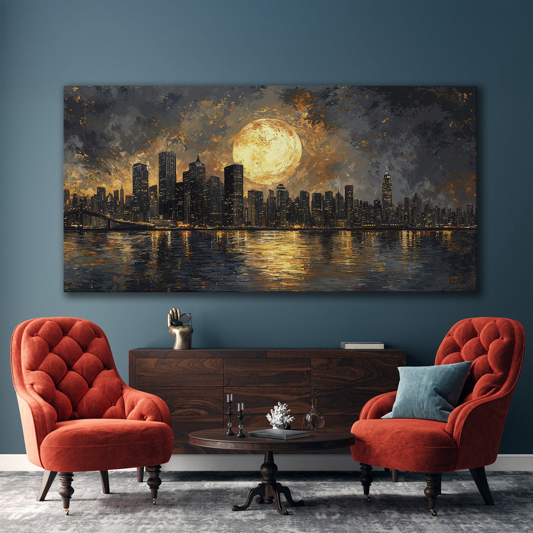 Framed Wall Art: Stunning cityscape Canvas Print with a dramatic, moody style. Features a warm, golden color palette and a captivating night scene.