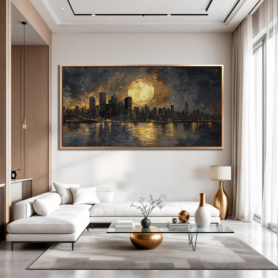 Framed Wall Art featuring a cityscape with a moon in a modern interior. Dramatic, painterly style with a warm, golden and dark color palette.