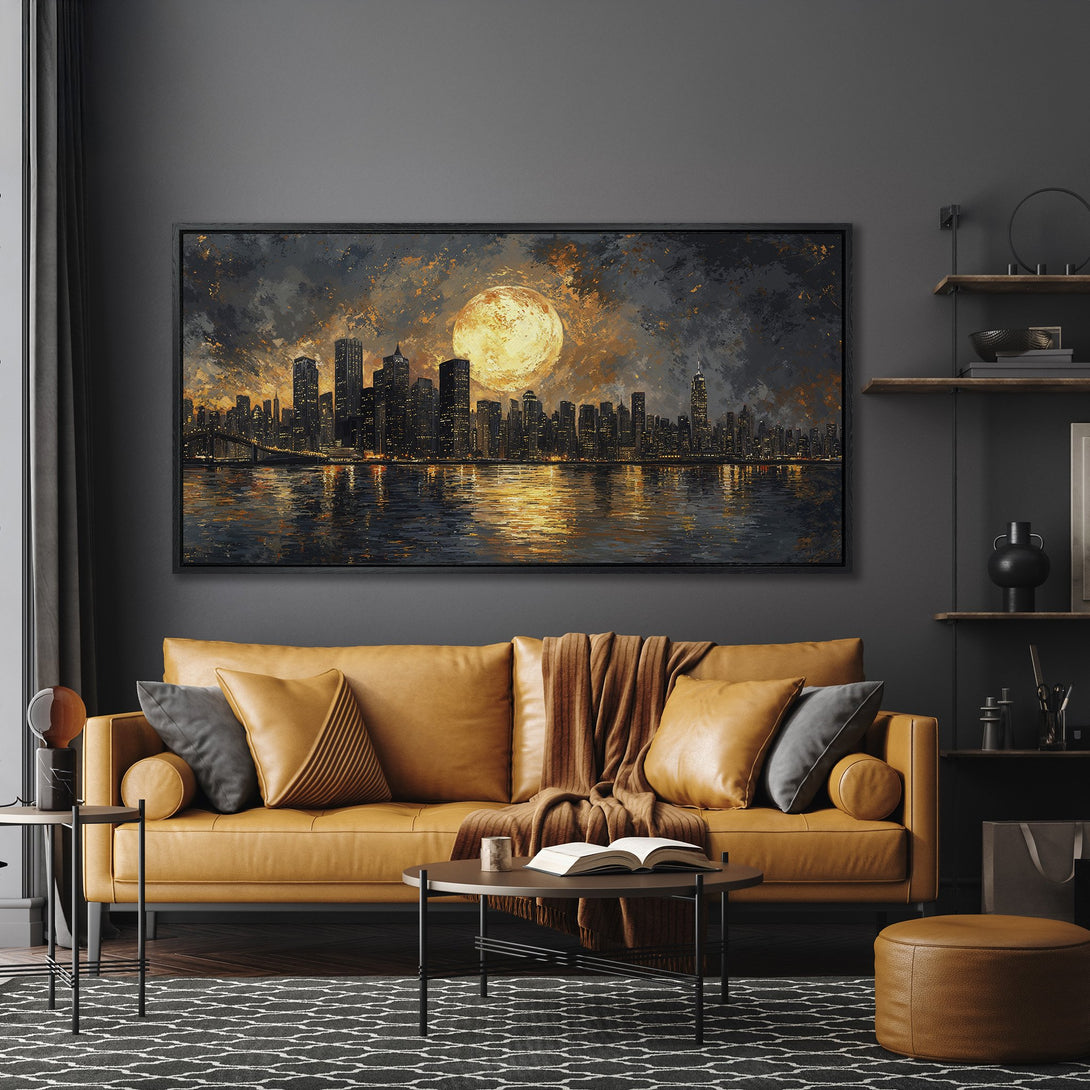 Framed Wall Art: Stunning cityscape canvas print with warm gold and grey tones, perfect for modern living rooms. Elevate your space with this beautiful artwork.