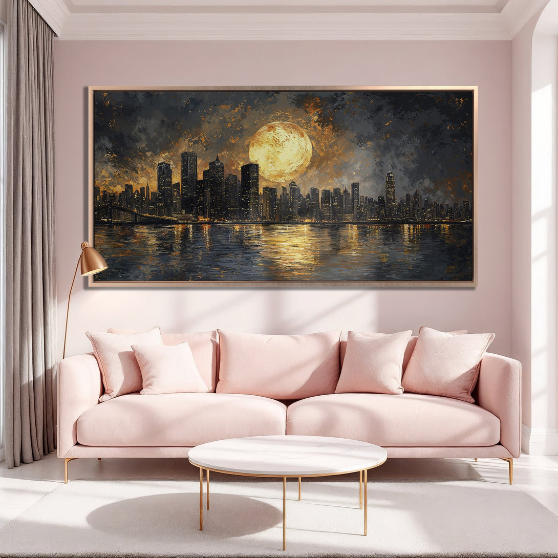 Framed Wall Art of a city skyline at night with a golden moon. Dramatic, impressionistic style with a warm, moody color palette. Perfect for any interior.