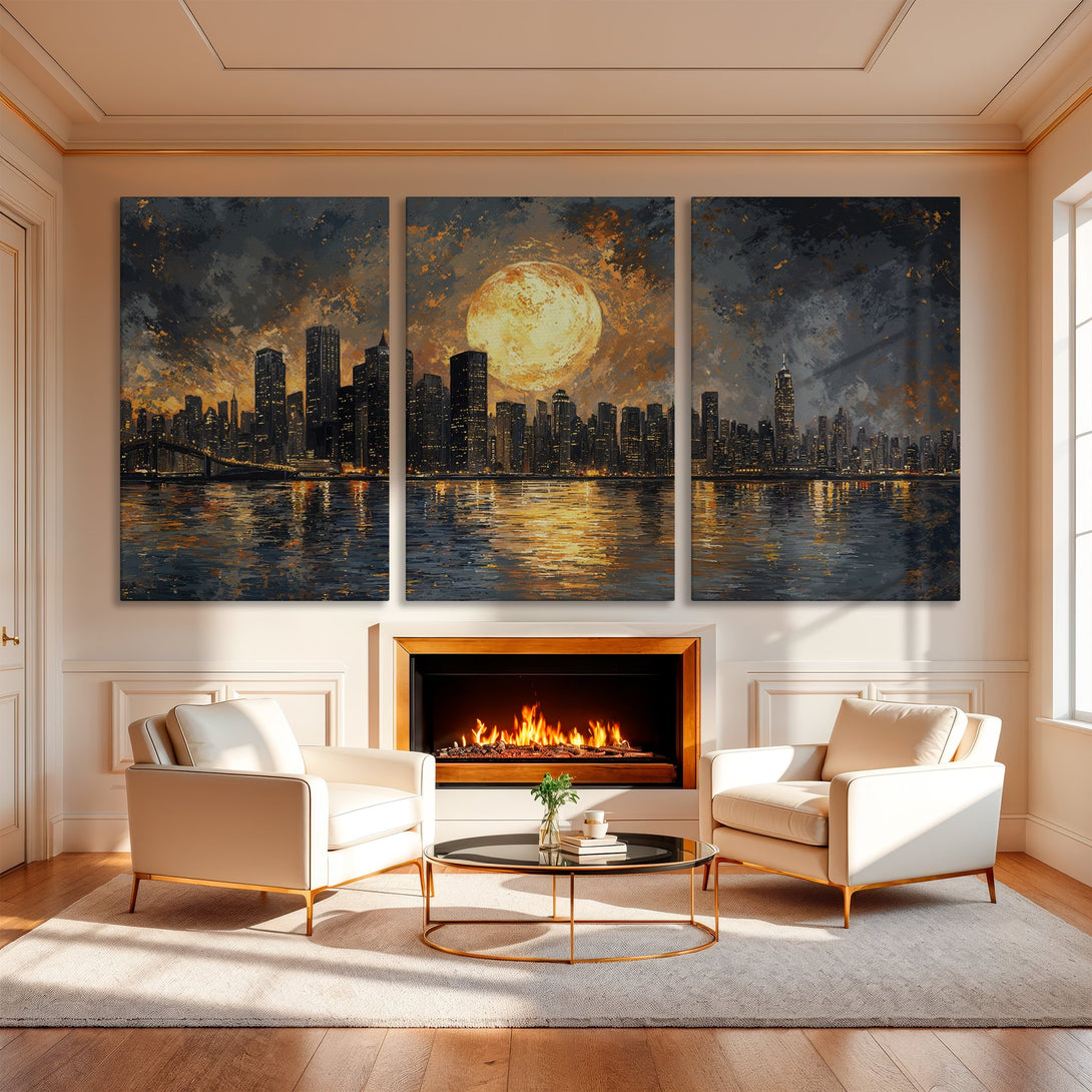 Canvas Print of a dramatic cityscape painting in a modern interior. Features a dark, moody color palette with gold accents.