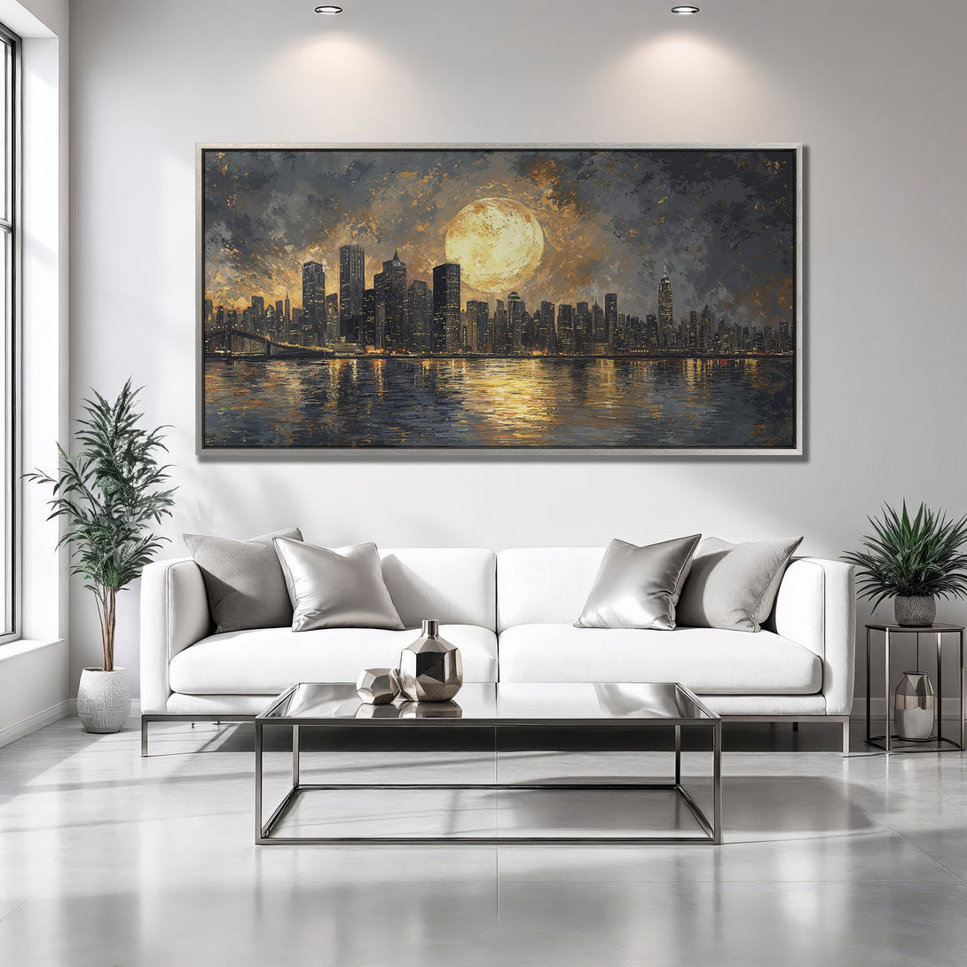Framed Wall Art of a cityscape at night. Stunning painting style with a warm, golden and gray color palette. Perfect for modern home decor.