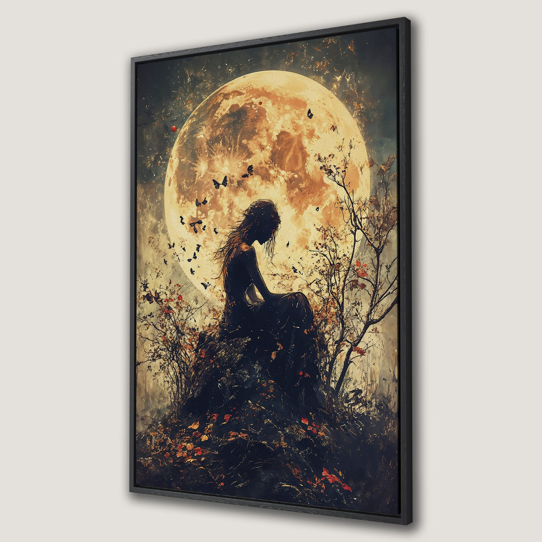 Framed Wall Art featuring a woman silhouetted against a moonlit sky. Moody, artistic style with warm earth tones and dark accents. Perfect for adding a touch of mystery.