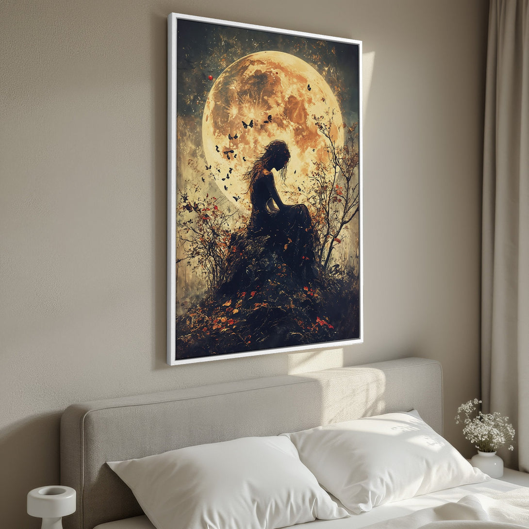 Framed Wall Art: Mystical woman silhouette with moon backdrop. Moody art print with warm, earthy tones. Perfect bedroom decor for a touch of fantasy.