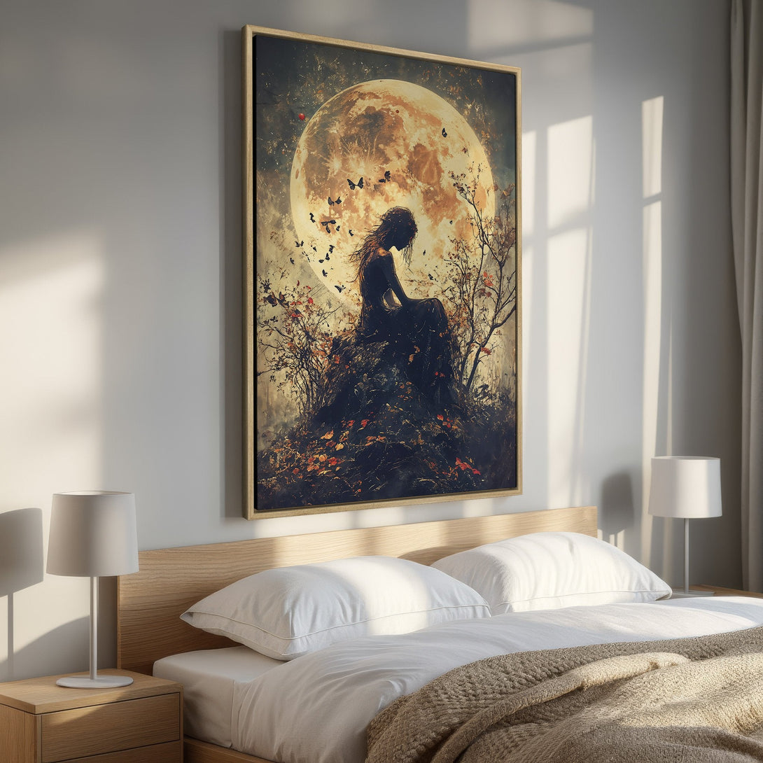 Framed Wall Art featuring a woman silhouette under a full moon. Moody, ethereal art with warm, earthy tones. Perfect bedroom decor.