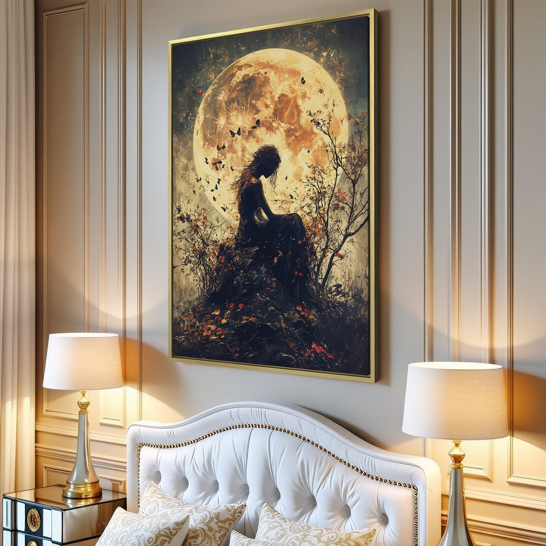 Canvas Print featuring a woman silhouetted against a moon, in a dreamy style with warm, earthy tones. Perfect wall art for your living room!